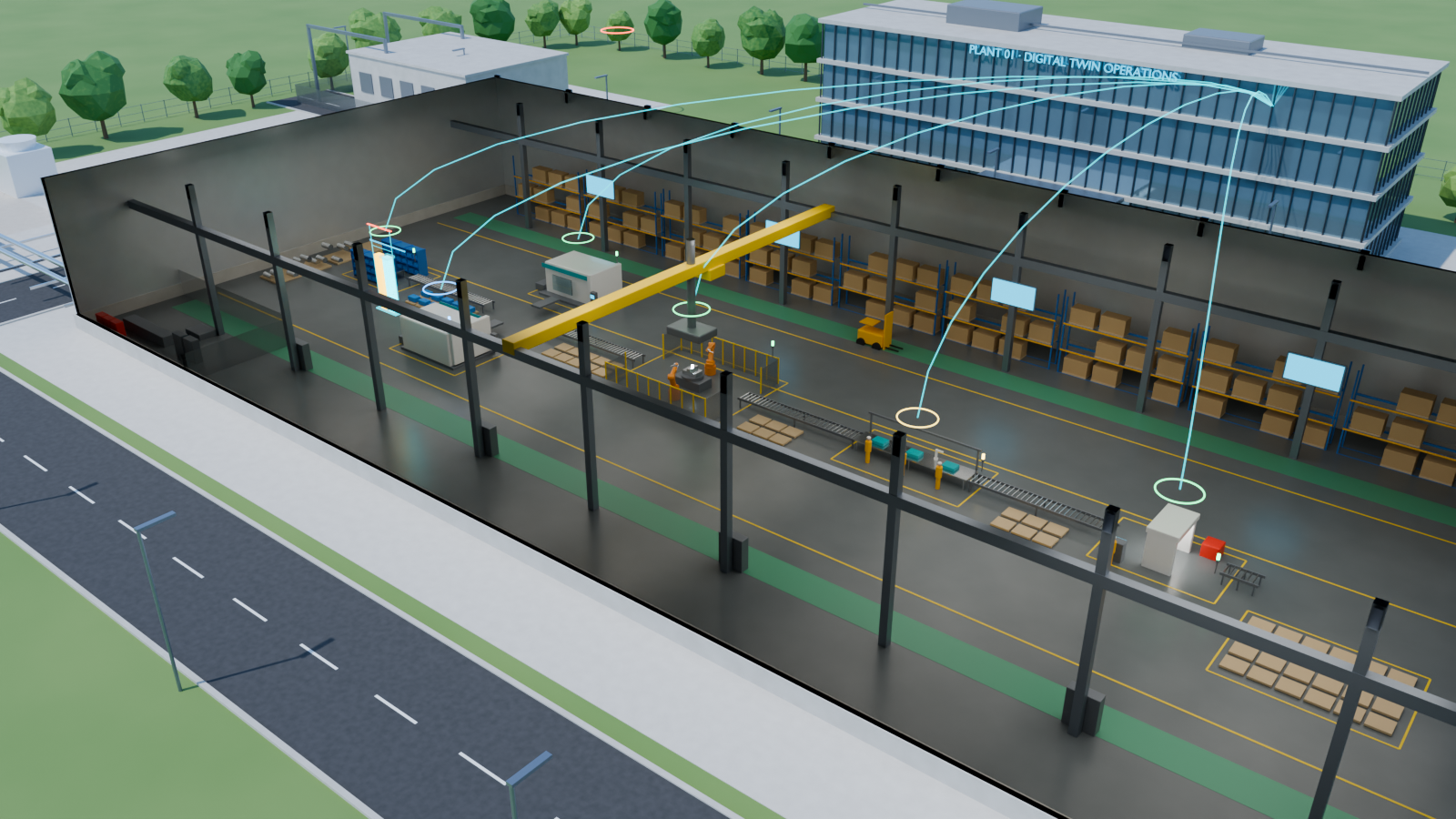 Cycles render of the procedural Blender model: a cutaway assembly hall with CNC machines, a robotic weld cell, assembly and inspection stations, cyan twin status rings linked to the operations center, and the surrounding campus.