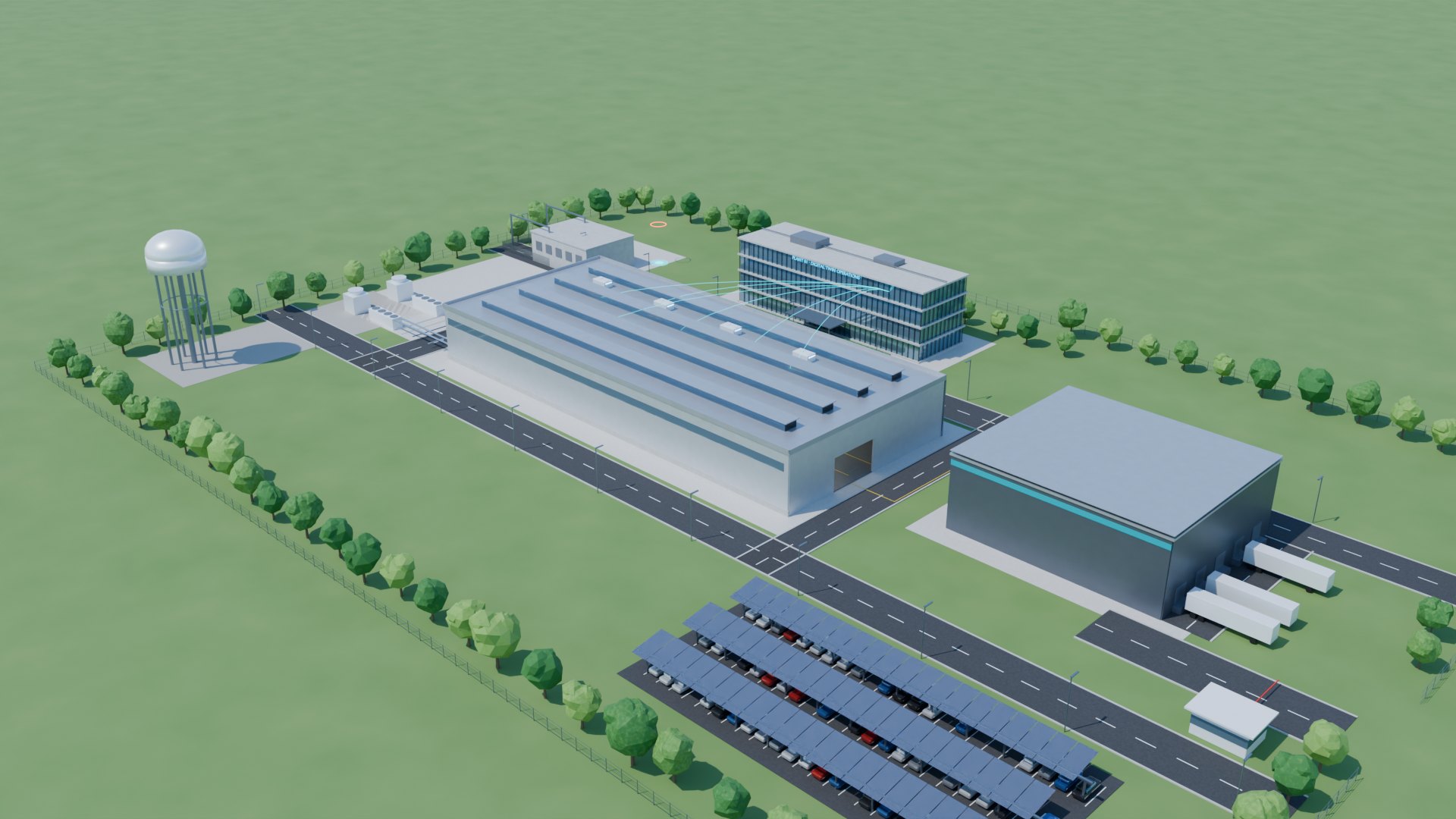 Aerial Cycles render of the campus: assembly hall, warehouse with trucks, office tower, energy center with water tower and a solar carport.