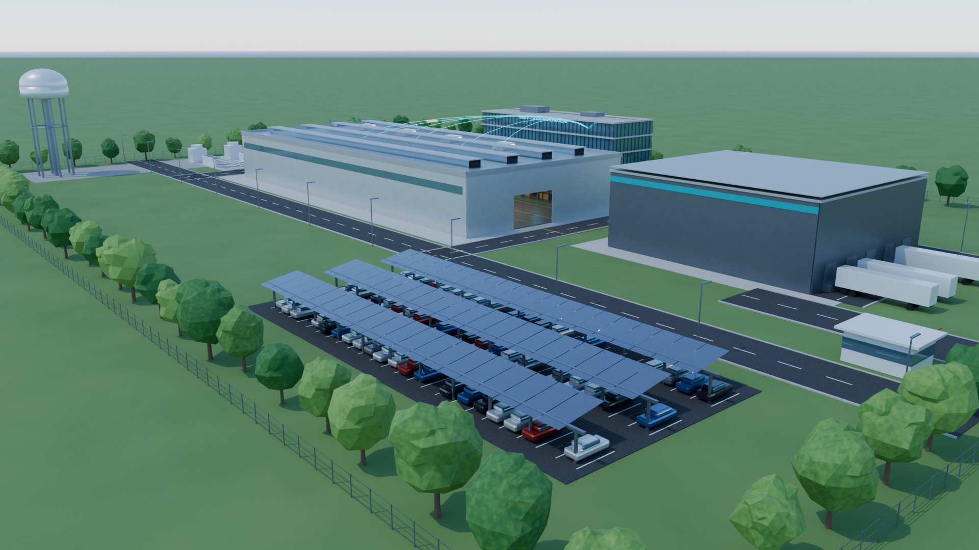 Render of the solar carport under a passing cloud with EV chargers glowing orange while capped at 50%.