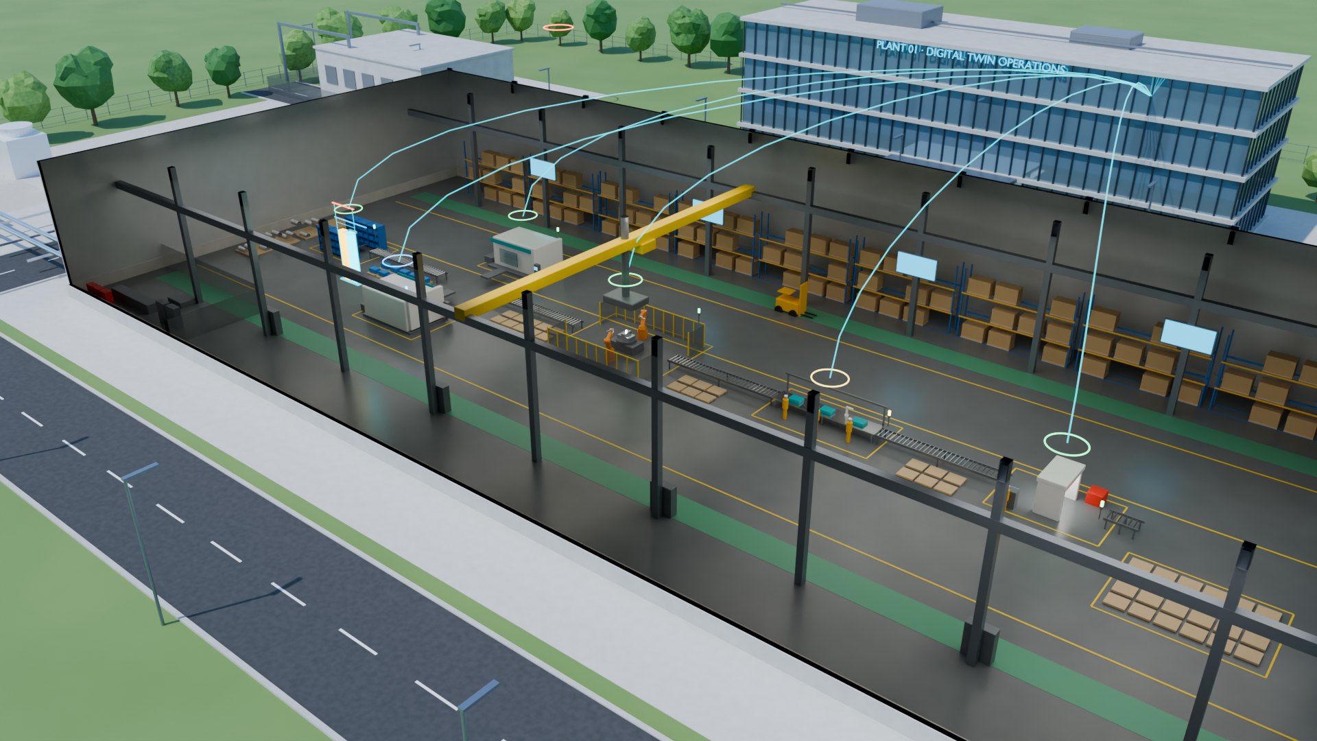 Cutaway render of the assembly hall with the production line and twin status rings.