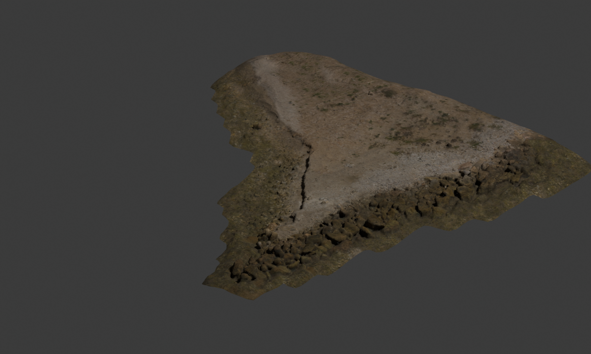 GPU-rendered photogrammetry of mossy coastal rock formations.