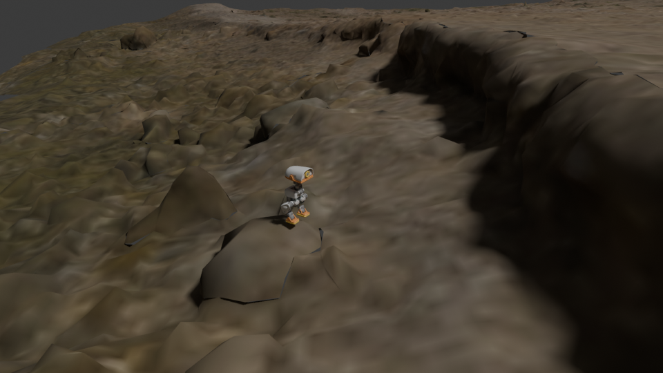 Microduck on captured coastal terrain, rendered in Blender from its recorded simulation camera.